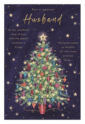 IC&G Christmas Card for Husband - Festive Tree & Stars - Foil Finish - Premium Quality Special Christmas Greeting Card with Envelope