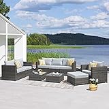 OVIOS Patio Furniture Set, 9 PCS Big Size Outdoor Backyard Sets PE Wicker Sectional with Coffee Table and 4 Pillows and 2 Patio Covers, Garden Wicker Sofa Set, No Assembly Required (Grey-Grey)