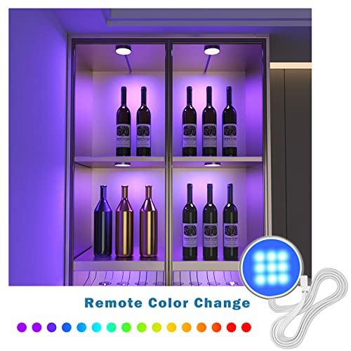 Image of MYPLUS Under Cabinet Lighting Kit, RGB Puck Lights with Remote Control Color Changing and Bright LEDs,12V, 7.5W Plug-in Wired led Lighting kit for Cabinet, Counter, Closet, Shelf, Display Case