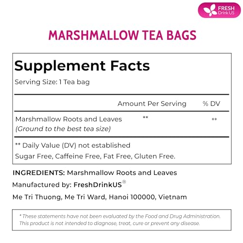 Image of FreshDrinkUS, Premium 55 Marshmallow Root and Leaf Tea Bags, 100% Natural & Pure. Loose Leaf Marshmallow Herbal Tea. Made with Eco-Conscious Tea Bags. No Sugar, No Caffeine, No Gluten, Vegan.
