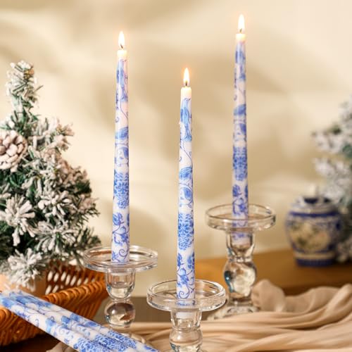 Image of Threlaco 9.8 inch Long Taper Chinoiserie Porcelain Candlesticks Dripless Bridal Wedding Shower Candle Blue White Decorations Unscented Taper Candles for Party Gift Home Decor
