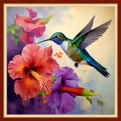 Image of Dooxvey Cross Stitch Kits for Adults Beginners,Full Range of Cross-Stitch Stamped Kits Needlepoint Kits for Beginners Embroidery Kits 11CT Cross Stitch Patterns-Hummingbirds Gather Honey 18x18 inch