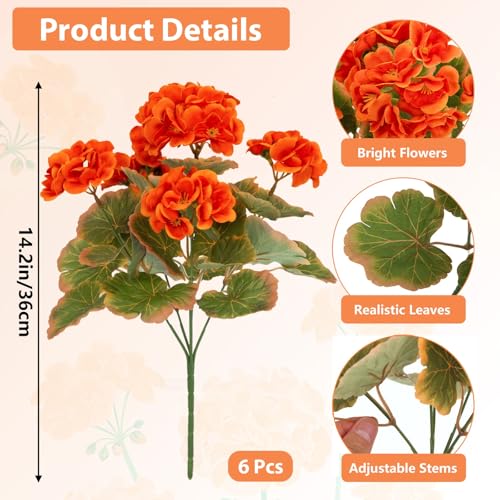 Image of Bassion Fake Geraniums Artificial Fall Flowers for Outdoors Decor, 6 Pcs