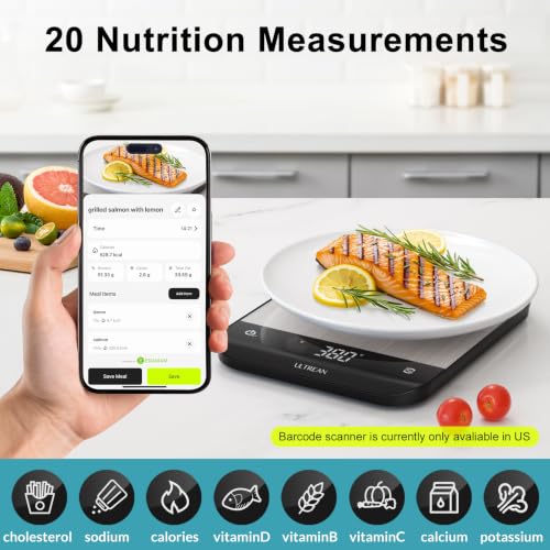 Image of Ultrean Smart Food Kitchen Scale with Nutritional Calculator, App for Macro & Calorie Tracking, AI Scan, Digital Grams and Ounces for Weight Loss, Rechargeable, Stainless Steel, 33lb /15kg