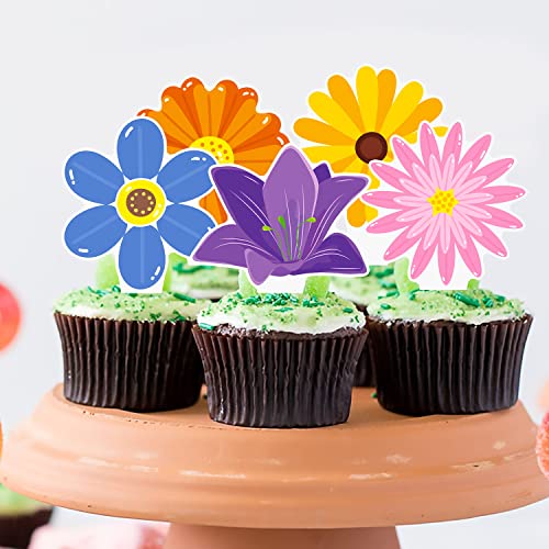 48Pcs Floral Flower Cupcake Toppers Flower Party Cake Cupcake Topper Decorations For Spring Summer Theme Birthday Party Floral Baby Shower Supplies #TOP7
