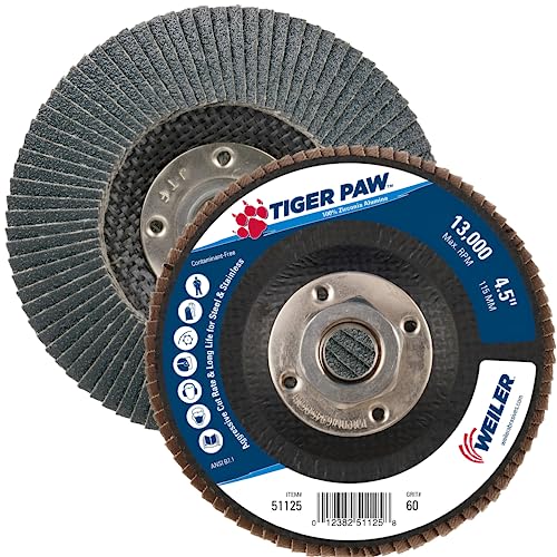 Image of Weiler 51125 4-1 /2 inch Tiger Paw Abrasive Flap Disc, Conical (Ty29), Phenolic Backing, 60Z, 5 /8 inch-11 Unc Nut (Pack of 10)