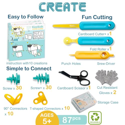 Image of Kizzikids Cardboard Tools for Kids with Cutter &Tool Box, 87 PCS Cardboard Construction Kit for Family & Team Activities, Creative STEM Educational Toys Gift for Boys and Girls Aged 5+