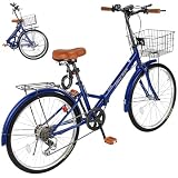 Mixiu 折りたたみ自転車 シマノ7段変速 高炭素鋼フレーム 折り畳み自転車 20インチ/24インチ 厚めのサドル リアキャリア・カゴ・ライト・ワイヤーロック・空気入れ付き 軽量 自転車 通勤 通学 街乗り 男女兼用 (ダークブルー, 20インチ)
