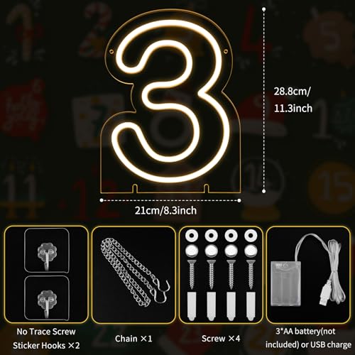 Image of Number 3 LED Neon Sign Backdrop Birthday Party Decoration, 11.3 inch Height Warm White Marquee Numbers Three Light Up Sign for Wedding Anniversary Window Wall Table, Indoor Battery Operated or USB