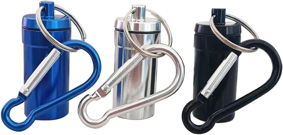 Aluminum Keychain Pill Box with Carabinieri，Air Tight Metal Pill Container，Waterproof Pill Organizers for Outdoor Camping，Travel (Black,Silver and Blue)