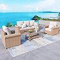 Patio Furniture Set 4 pcs, Wicker Rattan Outdoor Furniture with 5.5” Thick Cushions, 3-Seat Sofa, 2 Chairs and Coffee Table, Outdoor Conversation Set for Garden Backyard Deck, 5 Seats Beige