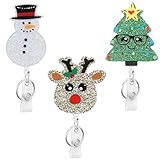 3 Pack Christmas Badge Reel Retractable, Nurse ID Name Card with Alligator Swivel Clip, Cute Elk Snowman Christmas Tree Badge Holder for Nurse Student