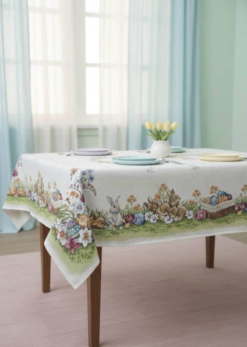 Generico Tovaglia, Copritavolo Pasquale, Conigli, Prato fiorito, Fiori, Uova, Uova colorate, Ghirlanda di fiori, Pasqua, Famiglia di Conigli, Farfalle, in Gobelin, dimensioni; 140x260cm