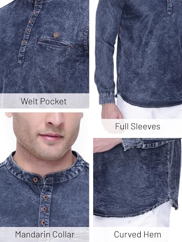 Image of Kuons Avenue Men's Tailored Fit Denim Kurta | Full Sleeves | Mandarin Collar - Stylish Everyday