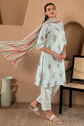 Image of W for Woman Women's Pure Cotton Floral Printed Straight Kurta and Pant with Dupatta Set