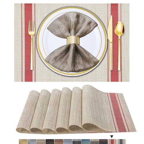 BETEAM Placemats Set of 6 Woven Vinyl Placemat for Dining Table Washable Wipeable Kitchen Place Mats Durable Indoor Outdoor Table Mats -02 Red, 6 Pcs