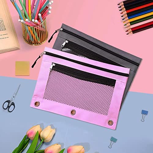Pencil Pouch For 3 Ring Binder, 2 Pcs Mesh Binder Pencil Pouch With Zipper Puller, Clear Window Zipper Pencil Case Pencil Bags With Double Pocket For Storing School Supplies (Grey&Pink) #TOP6