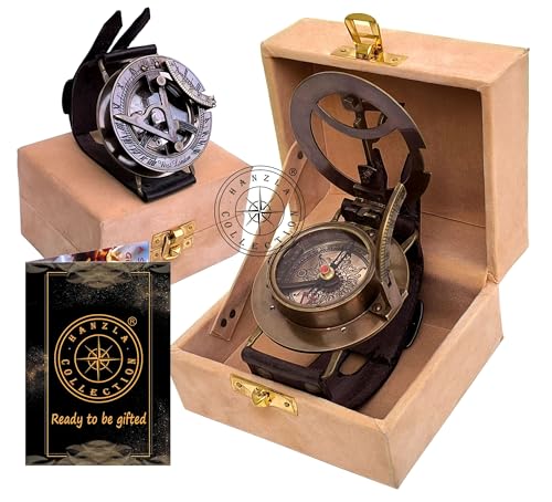 Steampunk Antique Brass Sundial Compass, West London Sun Clock Ship Replica Watch in Velvet Box Handmade Leather Band Wrist Compass and Nautical Sundial Clock