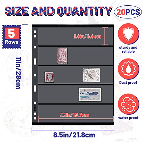 20 Sheets Stamp Pages Sleeves Stamp Collection Album Pages Postage Stamps Collecting Supplies For Stamp Album Binder With Standard 9 Hole Binder Sleeves For Stamp Collectors(5 Row Style) #TOP1