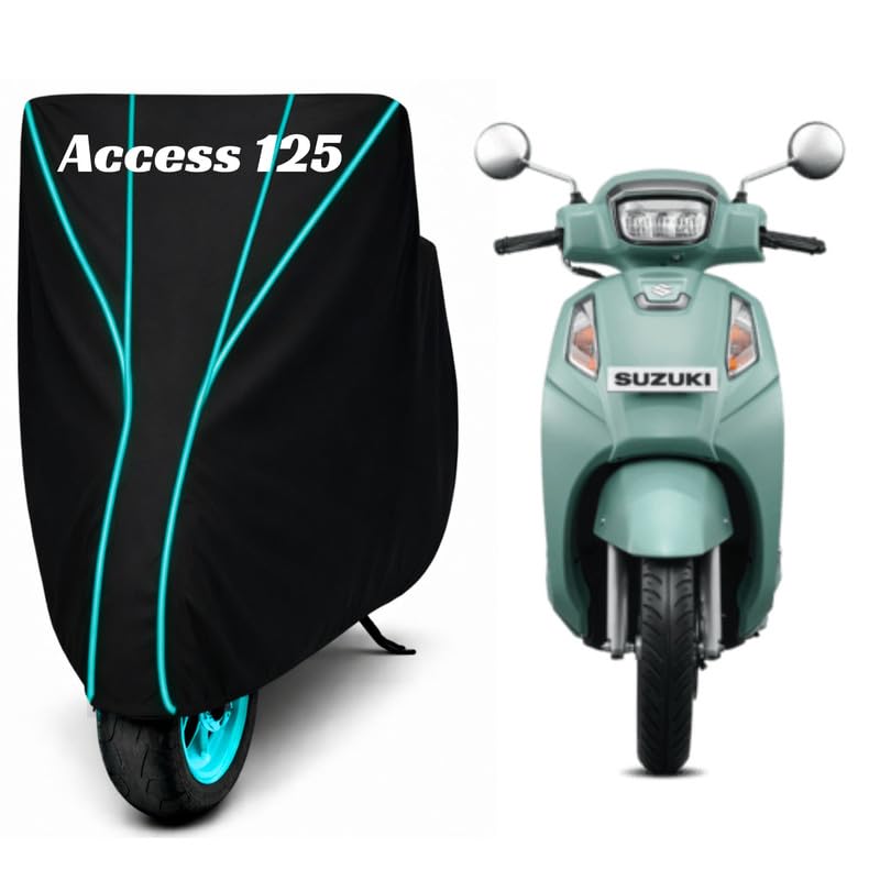 Image of Premium Bike Cover for Suzuki Access 125, Water Resistant, Dustproof, UV Protected, Scratchproof Motorcycle Cover for Outdoor Use, All Weather Protection (Black & Aqua Piping)