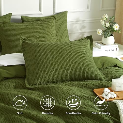 SE SOFTEXLY Waffle Duvet Cover King, 100% Cotton Waffle Weave Bedding Duvet Cover Set, Soft and Breathable Comforter Cover for All Season, 3 Pieces Including Pillow Shams(Green, 104”x90”)