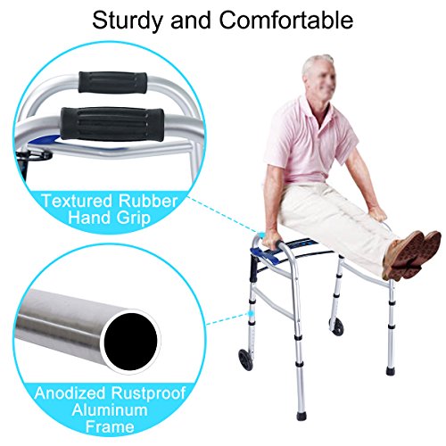 Health Line Massage Products Compact Trigger Release 350 lbs Folding Walker with 5 inch Wheels and Fold-up Legs, Lightweight & Portable with 2 Pairs of Glides - Thumbnail 4