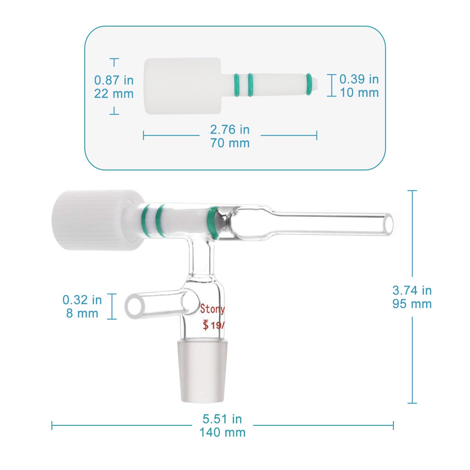 stonylab Adapter Szklany do Regulacji Przepływu ze Złączem 19/22, Kurek PTFE, Szkło Borokrzemowe do Kolumny Chromatografii Błyskowej w Laboratorium