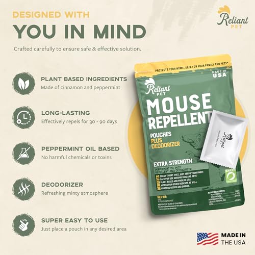 Reliant Pet Mouse Repellent Pouches - Rodent Repellent Made in USA (12 Pouches) - Keep Rodents Out of Cars Engines - Mice Repellent Indoor and Outdoor - Mouse Deterrents that Work with Peppermint Oil