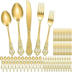 120 Piece Generous Stainless Steel Flatware Set Luxury Gold Cutlery Set Service for 24 Vintage Silverware Set Retro Kitchen Utensil Set Include Fork Spoon Knife for Wedding Birthday Party