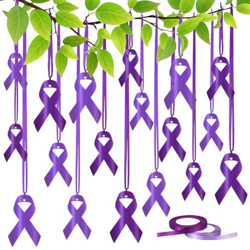 Unittype 18 Pack Large Purple Ribbon with 2 Rolls 24 yd Ribbon Domestic Violence Awareness Decorations Epilepsy Awareness for Alzheimer Disease Hanging Ornaments