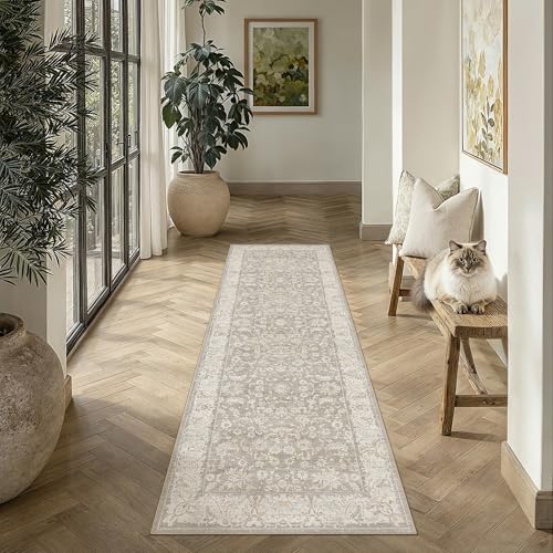 2x8 Washable Runner Rug for Hallway Kitchen Taupe Low Pile Non Slip Runner Neutral Distressed Carpet Bathroom Front Door Beside Bed Home Decor