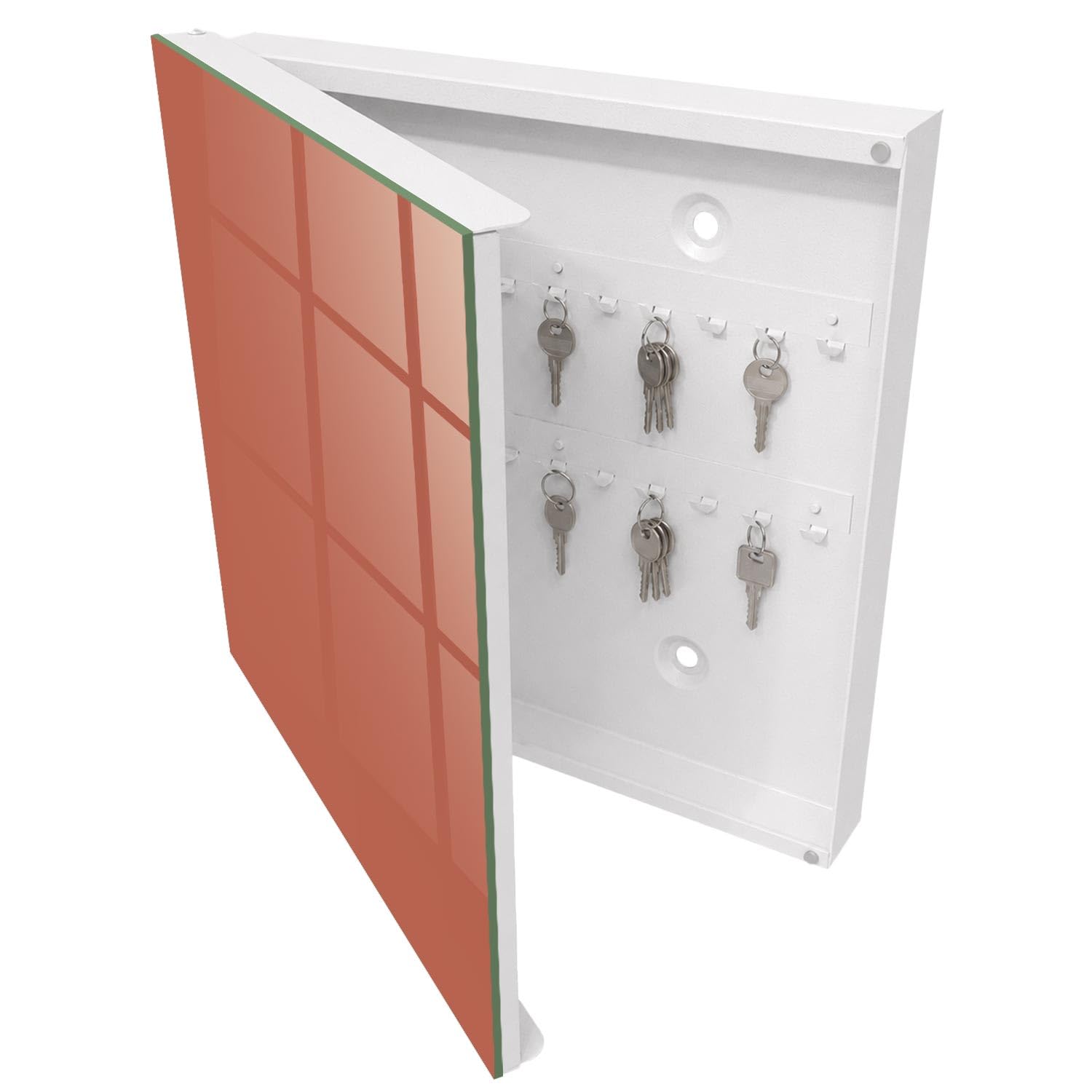 Armadietto Portachiavi 30x30 cm | Bianco | A Sinistra | Montaggio a Parete | Colore mattone | Frontale Decorativo in Vetro Temperato | Tasselli e Viti Inclusi | in Metallo | per Uffici