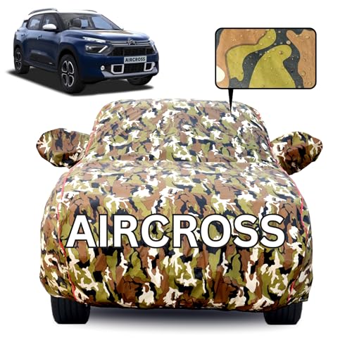 Image of Waterproof Car Body Cover for Citroen C3 Aircross with Mirror Pocket, Soft Cotton Lining, Triple Stitched, Full Bottom Elastic (Heat Resistant Jungle Print with Red Piping)