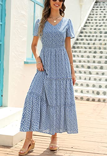 Zattcas Womens 2023 Summer Casual Long Dress Short Flutter Sleeve V Neck Smocked Waist Tiered Flowy Modest Floral Boho Maxi Dress Blue M #TOP3