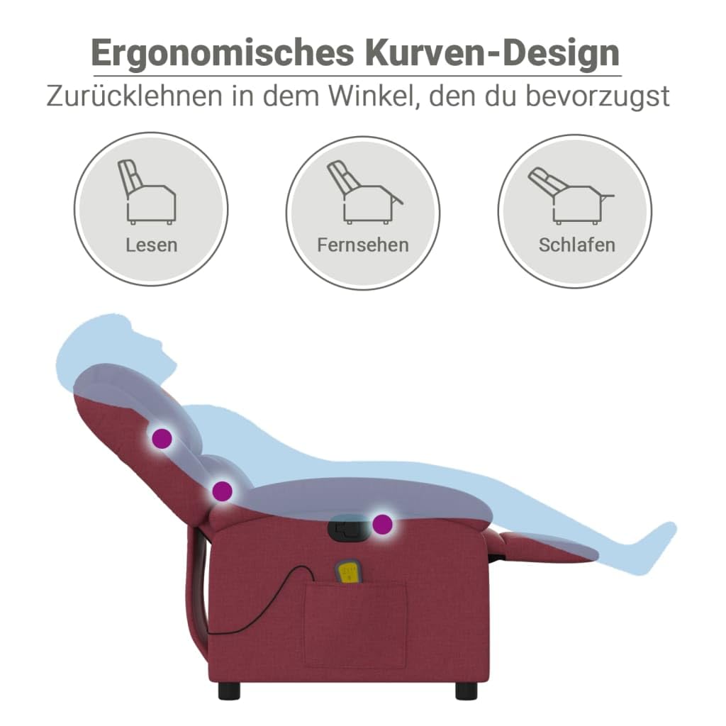 vidaXL Massagesessel, Sessel Verstellbare Rückenlehne, Fernsehsessel Relaxsessel mit Vibrationsfunktion, Liegesessel Polstersessel Ruhesessel, Weinrot Stoff