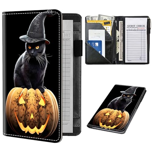 Server Book for Waitress,Server Books for Waitress with Zipper Pocket,Cute Server Book, Waitstaff Organizer Waitress Book with Money Pocket and Zipper Fit Server Apron,Halloween Pumpkin Cat-679