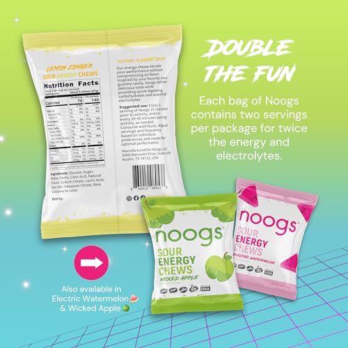 Image of Noogs Sour Energy Chews, Lemon Zinger Electrolyte Energy Gummies, Sour Candy Flavored Alternative to Running Gels, Vegan, Gluten Free & Caffeine Free, 12 Pack