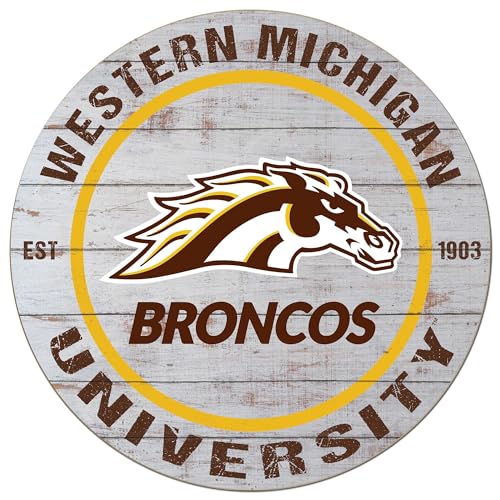 KH Sports Fan Western Michigan Broncos Weathered Circle Sign, 20x20 Inches, Broncos Decor for Dorm Room, Fan Cave, Living Room; Display Your Team Spirit with This Western Michigan Broncos Wall Art