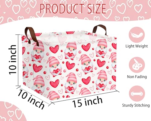 Image of Large Valentine's Day Basket Heart Shaped Storage Bin for Gifts Collapsible Organizer Room Decor (Pink Gnome Love)