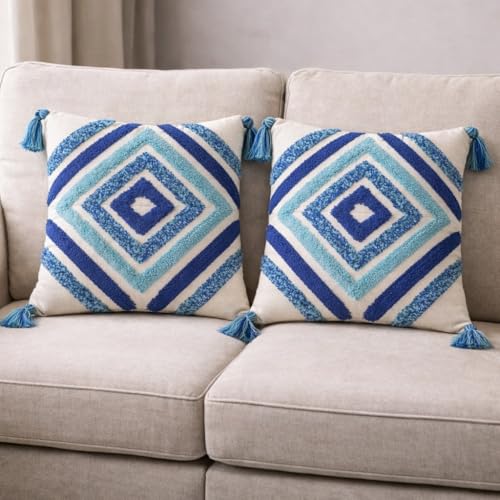 Image of RRC Boho Throw Pillows 16x16 Inch Set of 2 - Soft Mid Century Modern Decorative Pillow Covers, Aesthetic Cushion Cases for Couch, Sofa, Bed & Bedroom Decor (Blue, 16X16(Inches))