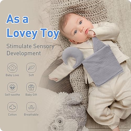 Image of Premium Soft Muslin Cotton Newborn Baby Loveys Security Blanket Muslin Soft & Breathable, Moon Lovies for Baby New Born Boy Girl Unisex Baby Unique Neutral Presents for Babies Newborn Toddler