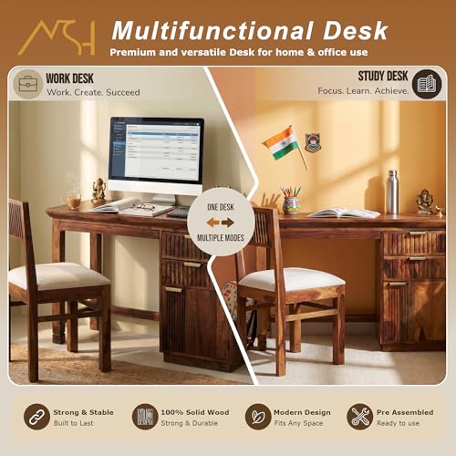 Image of NSH Solid Sheesham Wood Study Table with Chair | Wooden Writing Desk with Drawer & Door Storage | Pre-Assembled Computer Desk Workstation for Home Office & Study Room | Walnut Finish
