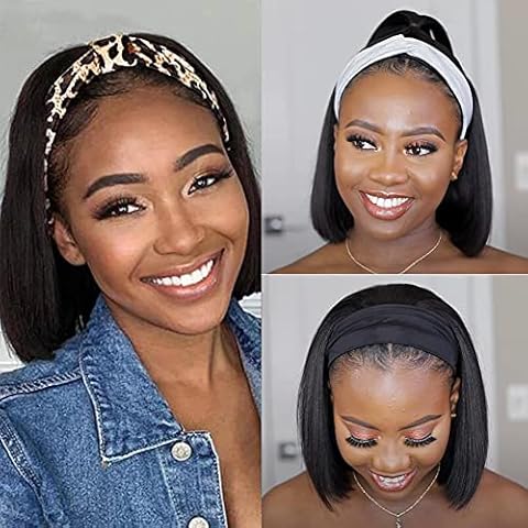 MarchQueen Human Hair Headband Wigs Short Bob Natural Color Straight Bob Wigs for Black Women (12inch Cover