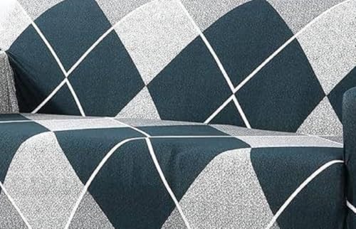 Image of BLUSH & BLOOM 3 Seater Elastic Stretchable Sofa Cover, Geometric Diamond Print, Teal and Grey, Elastic Slipcover for Living Room