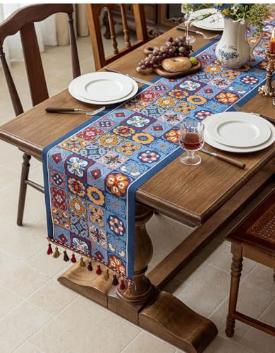 Clothfuna Camino de mesa étnico bohemio vintage, colorido mandala marroquí con borlas, estilo geométrico de retazos a cuadros para decoración de mesa de comedor, aparador, 35 x 300 cm, azul