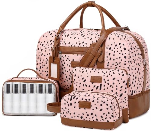 Wogarl 4PCS Weekender Bags for Women Large Overnight Bag Weekend Travel Duffel Bag Carry on Shoulder with Shoe Compartment Canvas Toiletry Bag for Travel Business Gym(Pink Black Dot-FH)