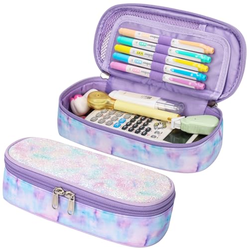 Image of Pencil Case for Girls - Cute Zipper Pencil Pouch for Girls Sparkly Kids Pencil Box Pencil Bag for School, Pencil Cases Only (Glitter Purple, Tie-dye)