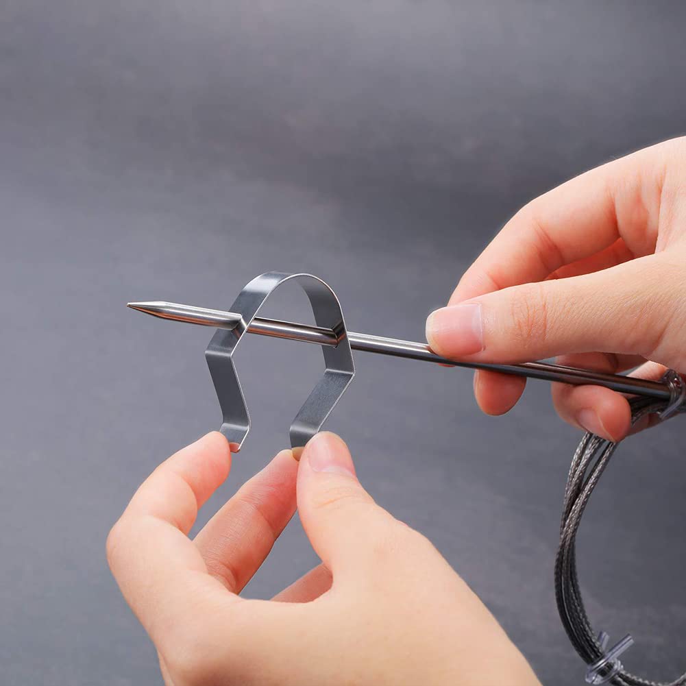 review 4 Pieces Thermometer Probe Clip Thermometer Probe Holder Stainless Steel Thermometer Probe Clip Holder Grill Probe Clip Meat Probe Clips for Temperature Readings, Silver