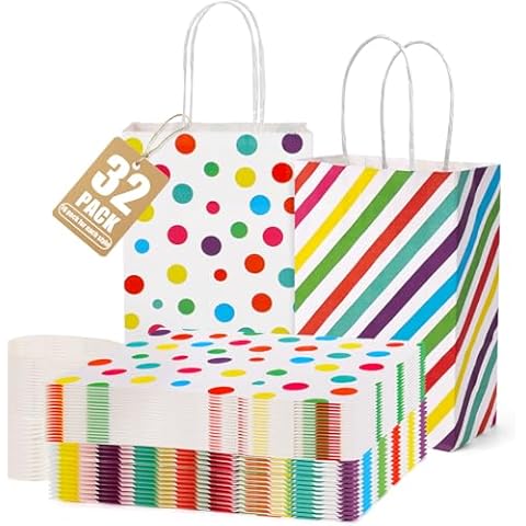 TOXOY 32PCS Party Favor Paper Bags, 5.5"x2.8"x8" Gift Bags Bulk Goodie Bags with Handles Polka Dot Striped for Baby Shower Birthday Party Supplies Cover