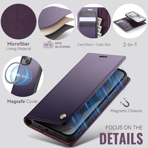 Image of Wallet Case for iPhone 13 Compatible with Magsafe, 2-in-1 PU Leather Flip RFID Blocking Card Holder Stand Shockproof Magnetic Detachable Cover for iPhone 13 Case 6.1 inch, Fashion Purple